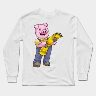 Pig as Farmer with Straw Long Sleeve T-Shirt